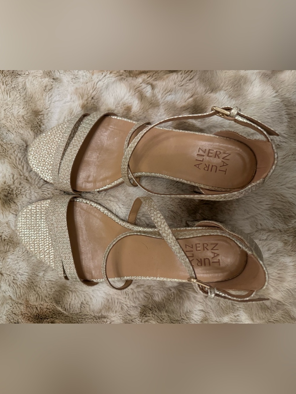 Naturalizer Metallic Gold Crisscross Low Block Heel Sandals - Picture 8 of 10